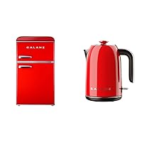 Galanz GLR31TRDER Retro Compact Refrigerator with Freezer Mini Fridge with Dual Doors & Retro Electric Kettle with Heat Resistant Handle and Cordless Pour, Quick Hot Water Boil