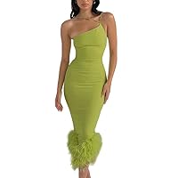 Women's Elegant Evening Dresses One Shoulder Fringed Sexy Bodycon Cocktail Party Dress Green Color Large Size 104 cm Long