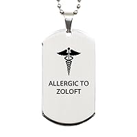 Medical Silver Dog Tag, Allergic to Zoloft Awareness, Medical Symbol, SOS Emergency Health Life Alert ID Engraved Stainless Steel Chain Necklace For Men Women Kids
