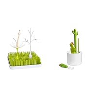 Boon Grass Countertop Drying Rack Bundle - Includes Grass, Stem, and Twig & Cacti Bottle Cleaning Brush Set - Includes Bottle Brush, Nipple Brush, Detail Brush