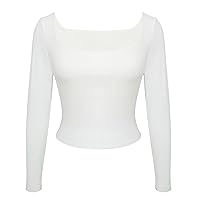 Square Neck Crop Top for Women,Long Sleeve Slim Fit Cropped T Shirts Basic T-Shirts Cropped Shirts