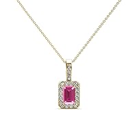 Emerald Cut Pink Sapphire & Natural Diamond 3/4 ctw Women Halo Pendant Necklace. Included 18 Inches Chain 14K Gold