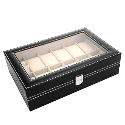 PENGKE 12 Slots Watch Box,PU Leather Watch Organizer and Display Case with Glass Lid, Black Pack of 1