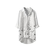 Lady Print Casual Long Shirts Women Lapel Button Loose Thin Summer Cotton Linen Beach Tops Coat Female