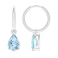925 Sterling Silver Aquamarine Brilliant Cut Pears 9x7mm Dangles Earrings With Rhodium Plated