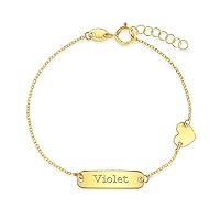 14k Yellow Gold Heart Charm Engravable Tag Identification Bracelet For Toddlers and Little Girls - Sweet Heart Charm Bracelet For Baby Girls - Customized Tag ID Bracelets For Girls