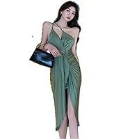 Green Sexy Dress Women Summer Diagonal Shoulder Irregular Clothes Temperament Party Dresses -