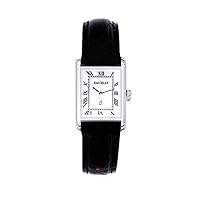 Sterling Silver Ladies Wristwatch Rectangle Roman Numerals - Black Leather Strap