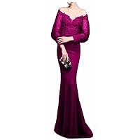 Women's Off Shoulder Beaded Mermaid Prom Dress Satin Long Sleeve Formal Evening Gowns