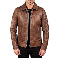 Men's Brown Genuine Lambskin Leather Biker Real Leather Jackets For Mens Genuine Lambskin Motorcycle Biker Jacket Brown