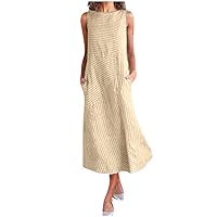 Maxi Dresses for Women 2023, Women Casual Striped Sleeveless Dress Neck Linen Pocket Long Dress