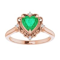 Vintage Halo 1 CT Heart Shape Emerald Diamond Ring 10K Rose Gold, Victorian Natural Green Emerald Engagement Ring, Antique Emerald Ring, Wedding Rings