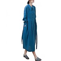 Women's Linen Polo Neck Long Sleeve Button High Waist Solid Color Dress