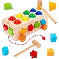 KIDSTHRILL 22 Pcs Set Wooden Shape Sorter Toy for Toddlers, & Pound A Ball Toy 12 Shapes 8 Balls 2 Hammers Montessori Gift Toys for 2 3 4 Years Old Boys & Girls Fine Motor Skills Toddler Toy