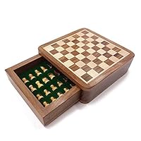 Portable International Chess Set Magnetic Chess Set Wooden Drawer Chess Set Portable with Chess Piece Storage Chess Board Game Gifts for Kids Or Adults Board Checkers Pieces