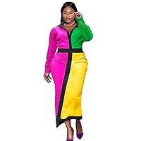 AOMEI Women's Colorblock Button Down Long Sleeve High Waist Pencil Dress