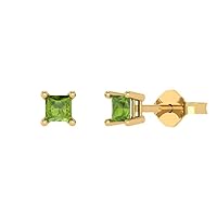 0.50 ct Princess Cut Solitaire VVS1 Natural Green Peridot Pair of Stud Earrings Solid 18K Yellow Gold Butterfly Push Back