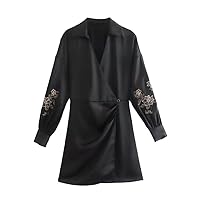 Women Vintage Embroidery Long Sleeve Black Soft Satin Shirt Dress Female Chic Side Button Pleats Slim Vestidos