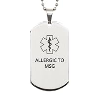 Medical Alert Silver Dog Tag, Allergic to MSG Awareness, SOS Emergency Health Life Alert ID Engraved Stainless Steel Chain Necklace For Men Women Kids