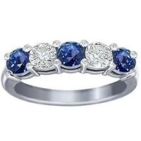 1.00 Ct Round Cut Diamond and Blue Sapphire Wedding Band Ring 14 kt White Gold