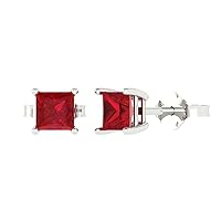 2.0 ct Princess Cut Solitaire Simulated Ruby Pair of Stud Everyday Earrings Solid 18K White Gold Butterfly Push Back