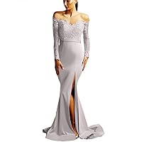 Women's Off The Shoulder Long Sleeves High Split Evening Celebrity Dress Mermaid Prom Dresses