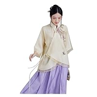 Women's Silk Organza Oriental Elements Dress Floral Embroidery Oblique Placket Connect Shoulder Sleeve 123