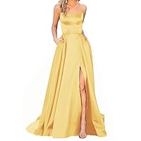 Women's Spaghetti Satin Long Side Slit Prom Dresses with Pockets