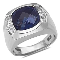 The Diamond Deal 10k SOLID White Gold Men’s Round Shaped Lab-Created Sapphire Gemstone and Diamond Accent Wedding Band Ring Father’s day Ring for men