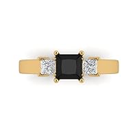 0.89ct Princess cut 3 stone Solitaire accent Black Onyx Proposal Designer Wedding Anniversary Bridal Ring 14k Yellow Gold