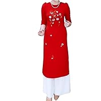 Vietnamese Traditional Ao Dai Set, Round Neck, Floral Embroidery, Puff Sleeves, Ao Dai with Pants