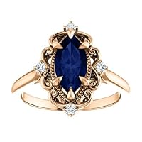 Vintage Halo 3 CT Marquise Blue Sapphire Engagement Ring 10k Rose Gold, Victorian Marquise Blue Sapphire Ring, Antique Natural Sapphire Rings