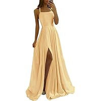 Satin Prom Dresses with Slit Long Spaghetti Straps Formal Evening Party Gown with Pockets
