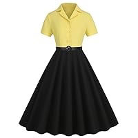 Women's 1950s Vintage Rockabilly Cocktail Dresses Lapel Buttons V Neck Tea Party Dress Belted Colorblock Swing Dress