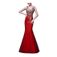 Women V-Neck Sleeveless Mermaid Lace Cocktail Maxi Dress Formal Dress (Color : Red, Size : 3X-Large)