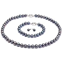 JYX Pearl 8-9mm AAA Black Round Freshwater Pearl Necklace and Earring Set