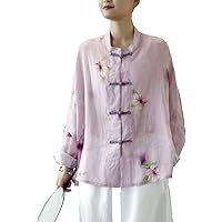 Women's Floral Print Chinese Button Down Shirt Long Sleeve Linen Blouse Top Purple