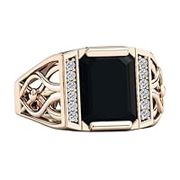 14k Vintage Black Onyx Engagement Ring For Men 7.5 CT Gold Signet Ring Emerald Cut Black Gemstone Wedding Ring Art Deco Filigree Style Ring For Him