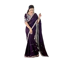 Wine Silk Saree with Stitch Blouse In Embroidery Work (42 size)