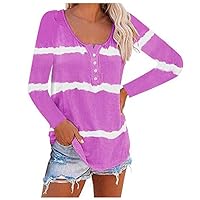 Teal Plus Size Tops for Women Womens Tie-Dye Scoop Neck-Henley Shirts Summer Loose Casual Long Sleeve Tops T S