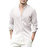 Mens Casual Long Sleeve Crew Neck Cotton Linen Shirts Buttons Down Solid Plain Roll-Up Sleeve Summer Beach Shirts White