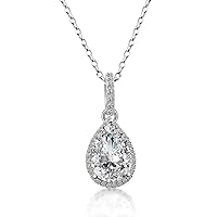 1.20ct Pear & Round Cut CZ Diamond 14k White Gold Plated 925 Sterling Silver Halo Pendant With Chain For Women & Girls