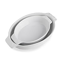 Sweejar Ceramic Au Gratin Dishes, Oval Baking Pan Set, Non-Stick Roasting Pan with Handles, Serving Casserole Dishes for Oven, Lasagna, 13.8 x 8.7 Inches, Set of 2 (White)