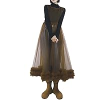 Women's Gauze Dress Round Neck Sleeveless Black Perspective Mid-Calf Brown Mesh Dresses Summer