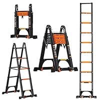 Telescoping Ladder A Frame, 14FT Portable Extension Ladder with Stabilizer Bar Aluminum Folding Step Ladder Collapsible for Household Black