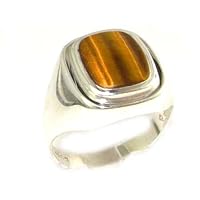 Gents Solid Sterling Silver Natural Tigers Eye Mens Signet Ring - Sizes 6 to 13 Available