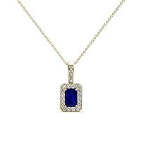 Emerald Cut Blue Sapphire & Natural Diamond 3/4 ctw Women Halo Pendant Necklace. Included 18 Inches Chain 14K Gold