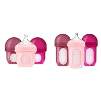 Boon Nursh Reusable Silicone Baby Bottles with Collapsible Pouch - Stage 1 Slow & Stage 2 Medium Flow - Pink - 3 Count Each 4 Oz & 8 Oz