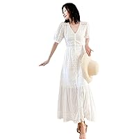 French Hollow Out Floral Embroidery Dress Summer V-Neck Short Sleeve Women Dresses Casual Beach Dress Vestidos