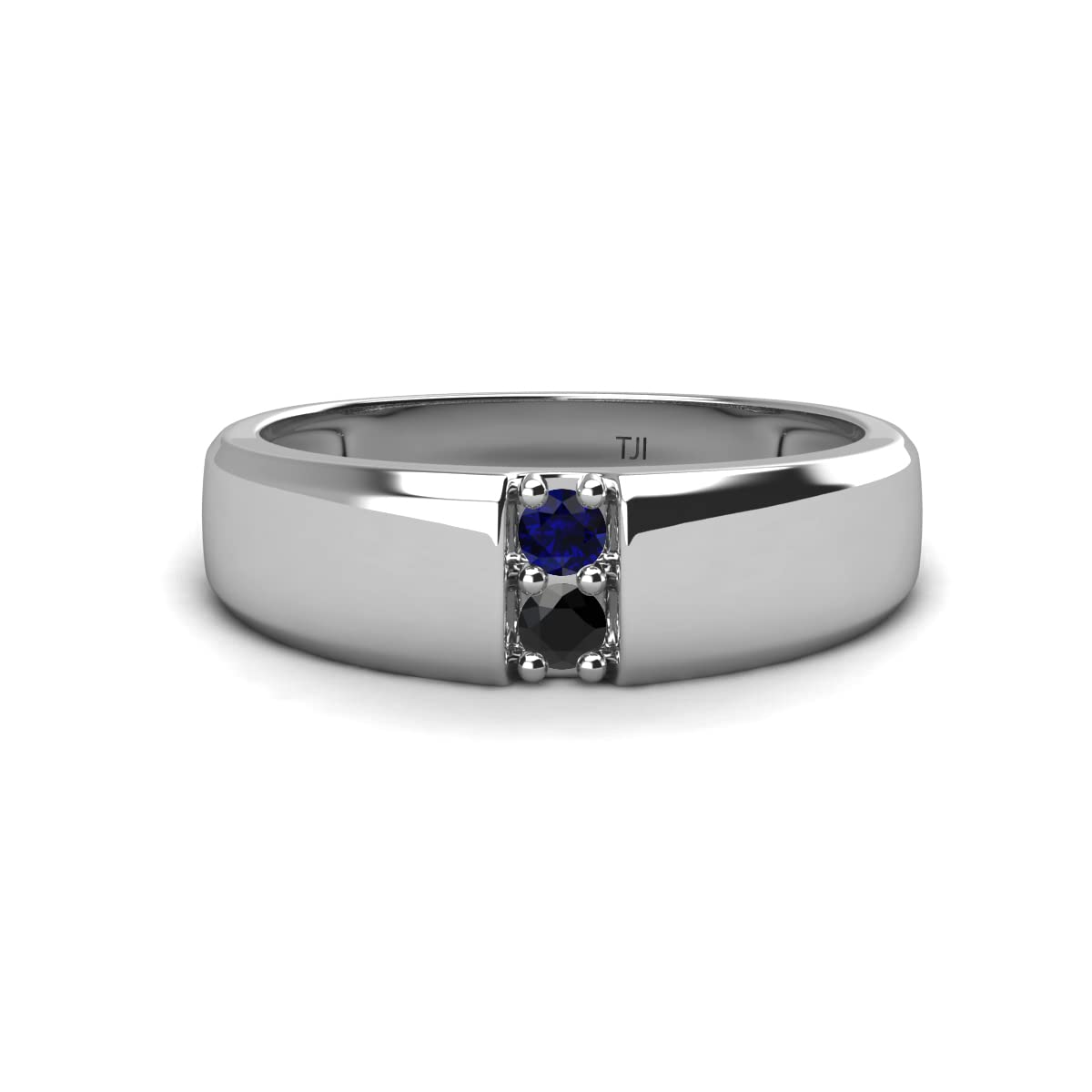 Round Blue Sapphire & Black Diamond 0.22 ctw High Polished 2 Stone Men Wedding Band 14K Gold